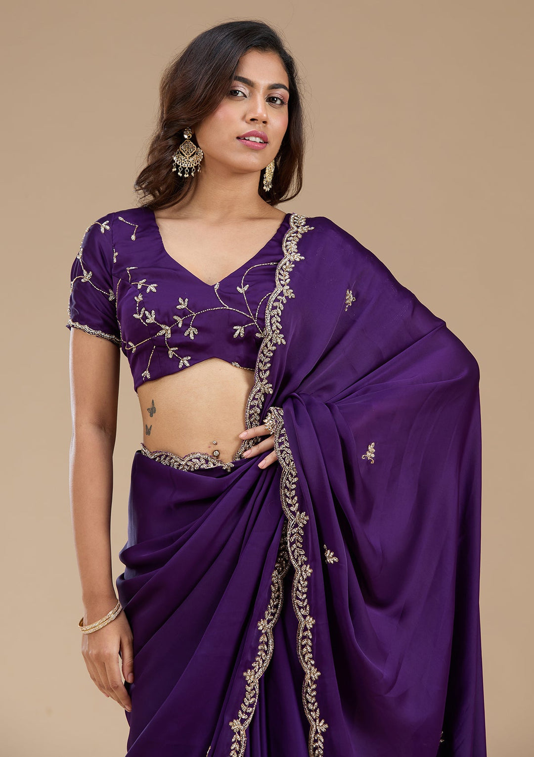 Purple Cutdana Satin Saree_koskii