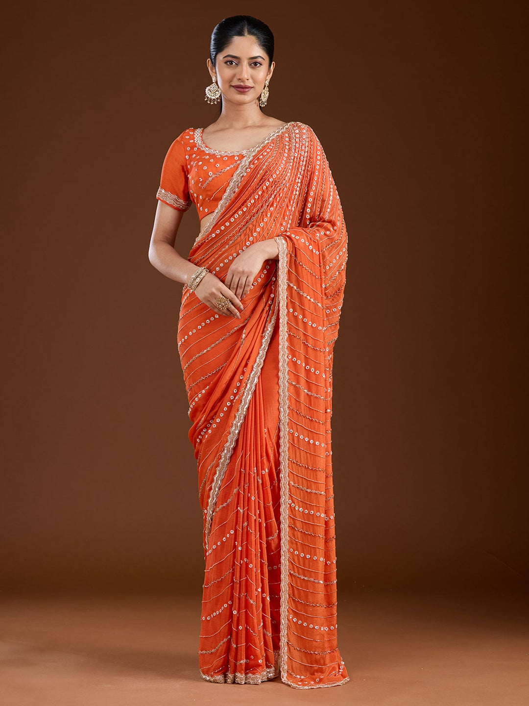 Orange Aariwork Satin Saree-Koskii