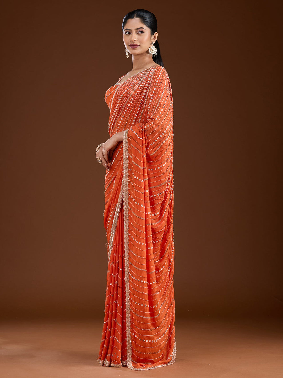 Orange Aariwork Satin Saree-Koskii