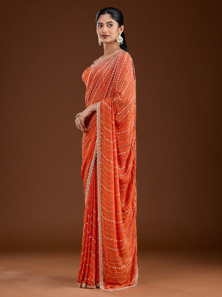 Orange Aariwork Satin Saree-Koskii