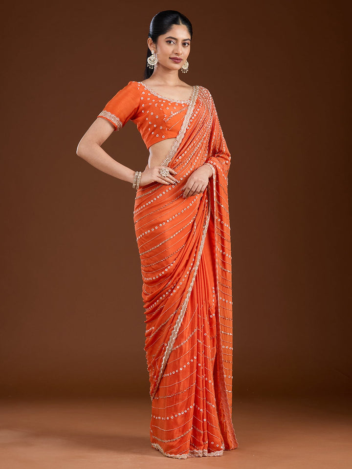 Orange Aariwork Satin Saree-Koskii