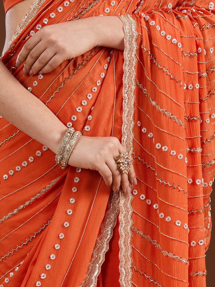 Orange Aariwork Satin Saree-Koskii