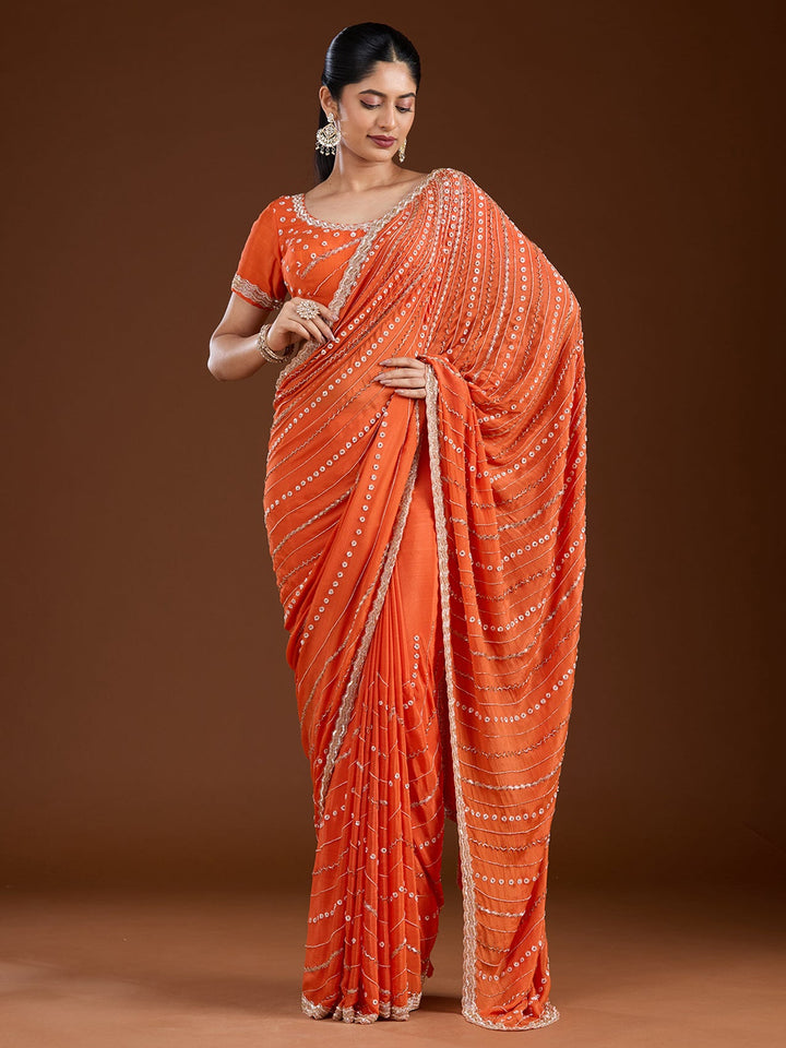 Orange Aariwork Satin Saree-Koskii