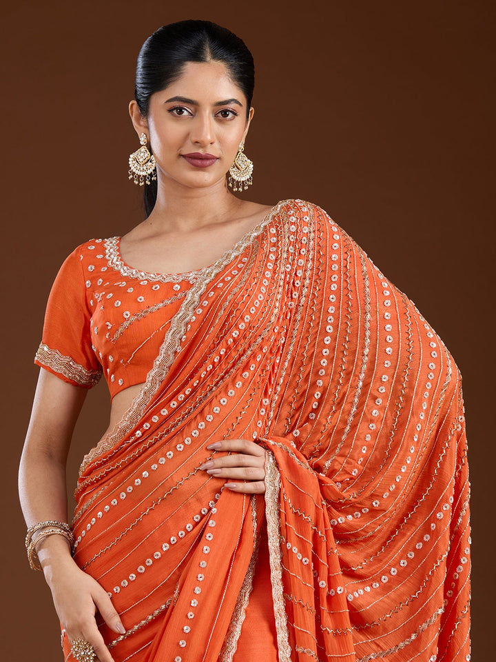 Orange Aariwork Satin Saree-Koskii