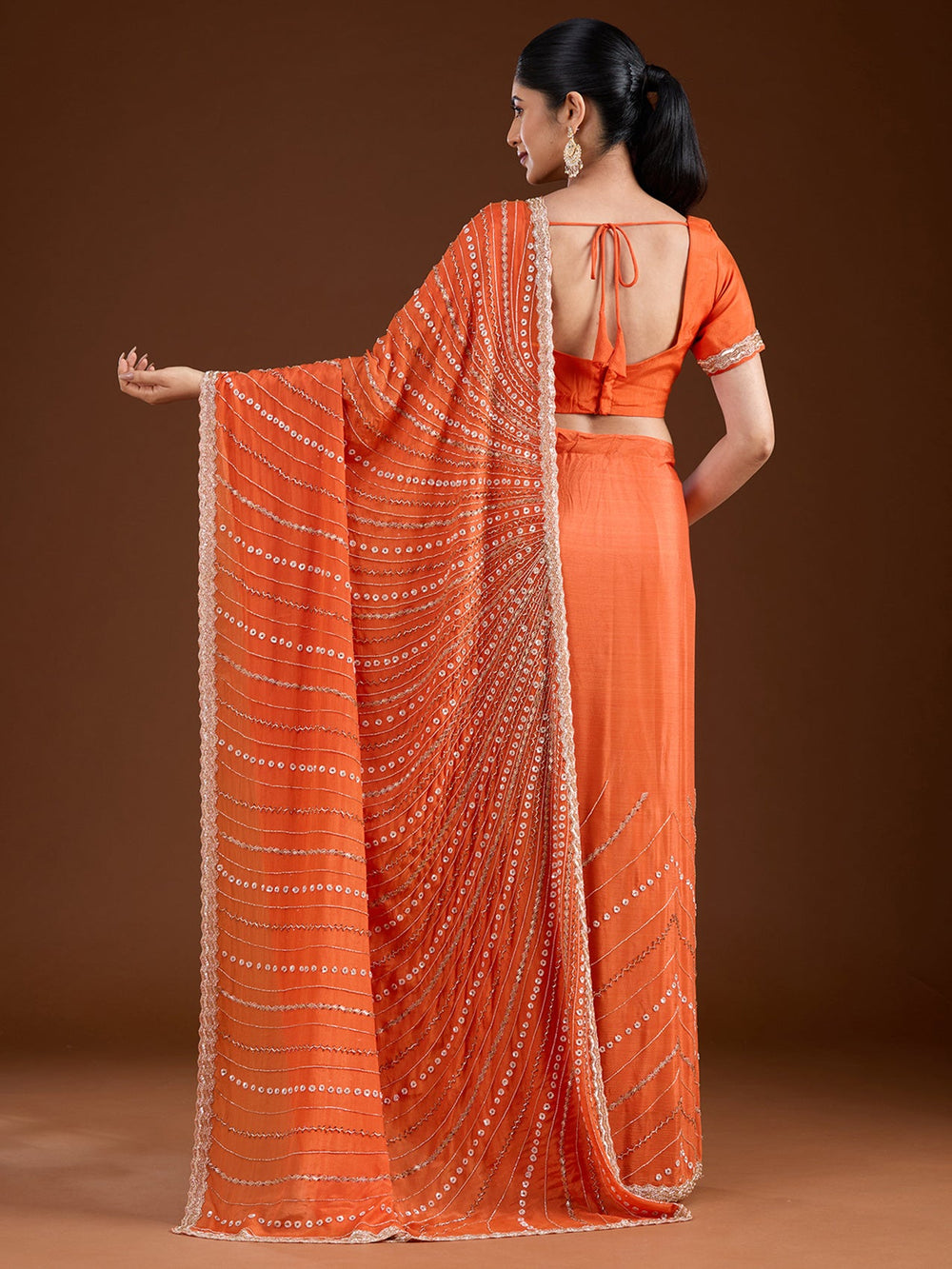 Orange Aariwork Satin Saree-Koskii