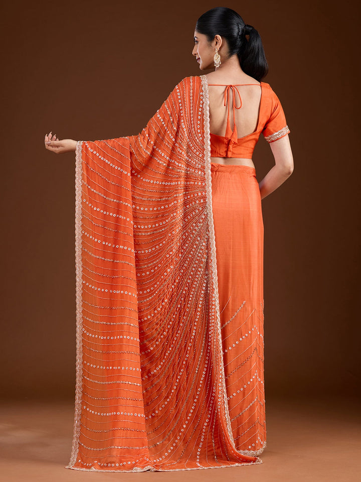 Orange Aariwork Satin Saree-Koskii