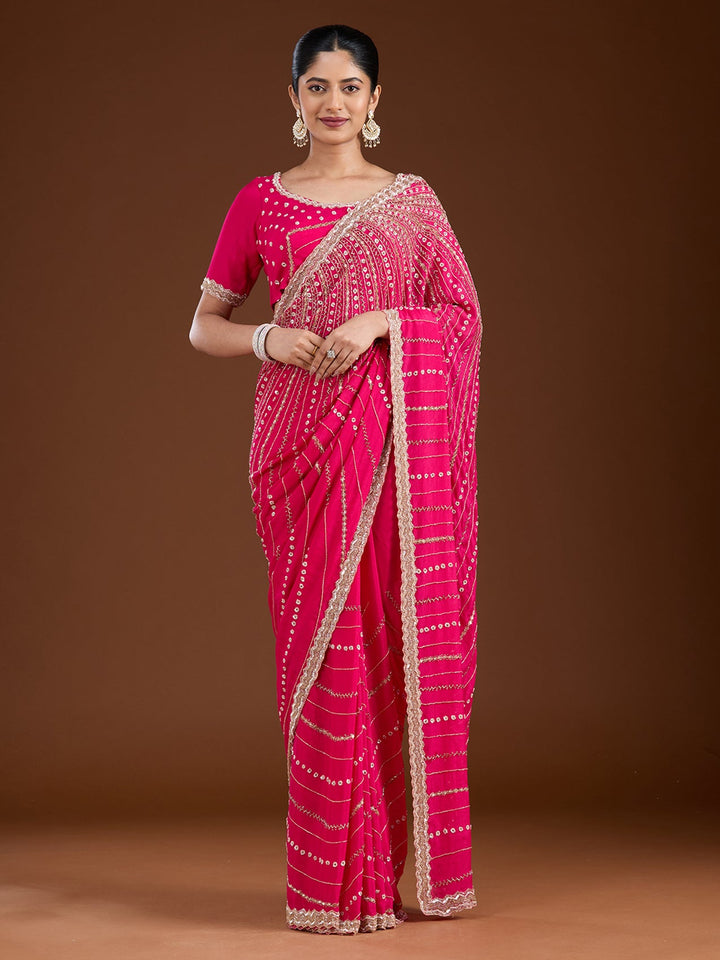 Rani Pink Aariwork Satin Saree-Koskii