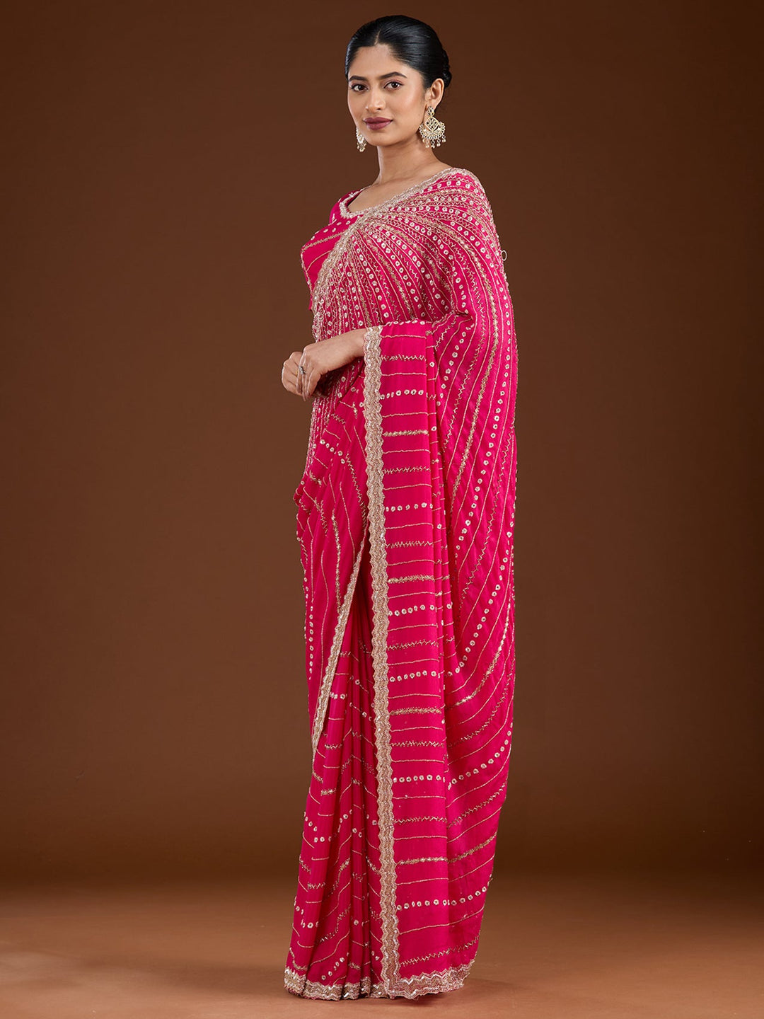Rani Pink Aariwork Satin Saree-Koskii