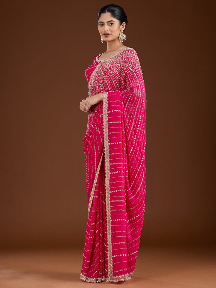 Rani Pink Aariwork Satin Saree-Koskii
