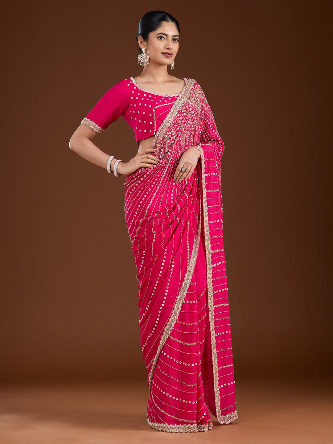 Rani Pink Aariwork Satin Saree-Koskii