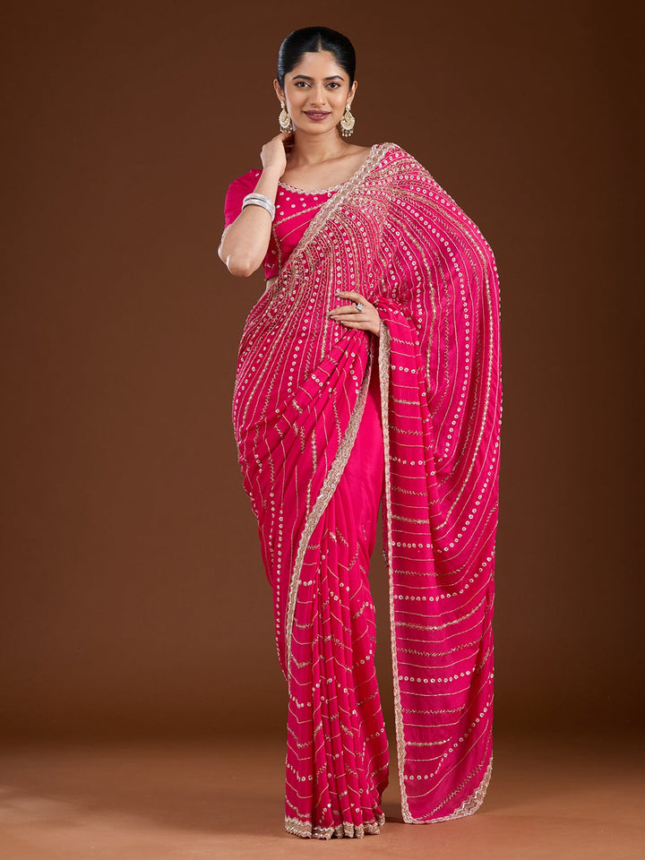 Rani Pink Aariwork Satin Saree-Koskii