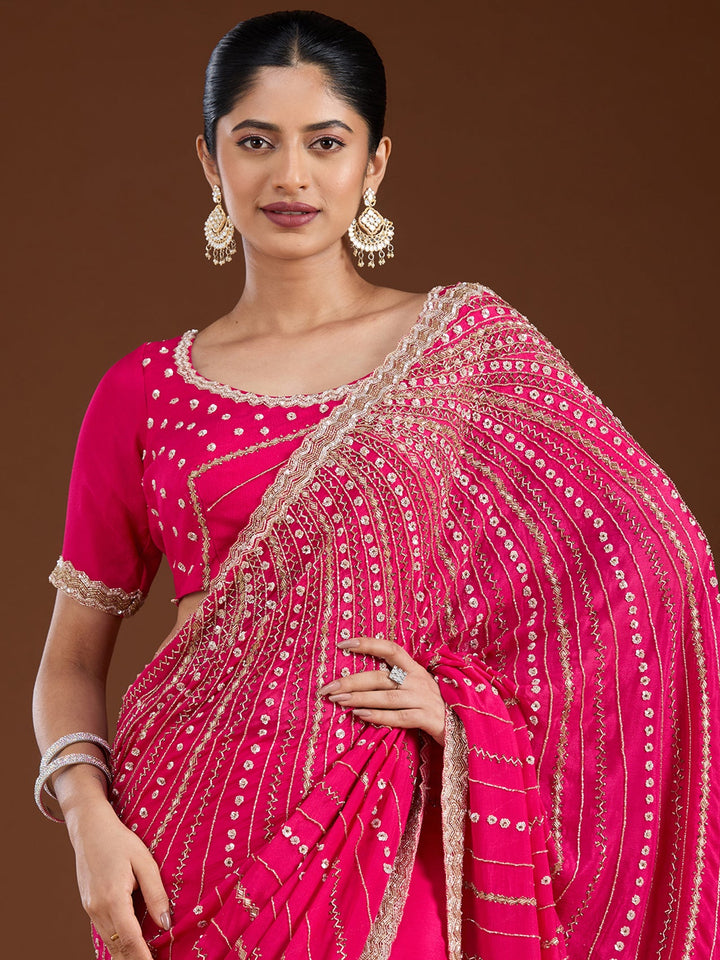 Rani Pink Aariwork Satin Saree-Koskii