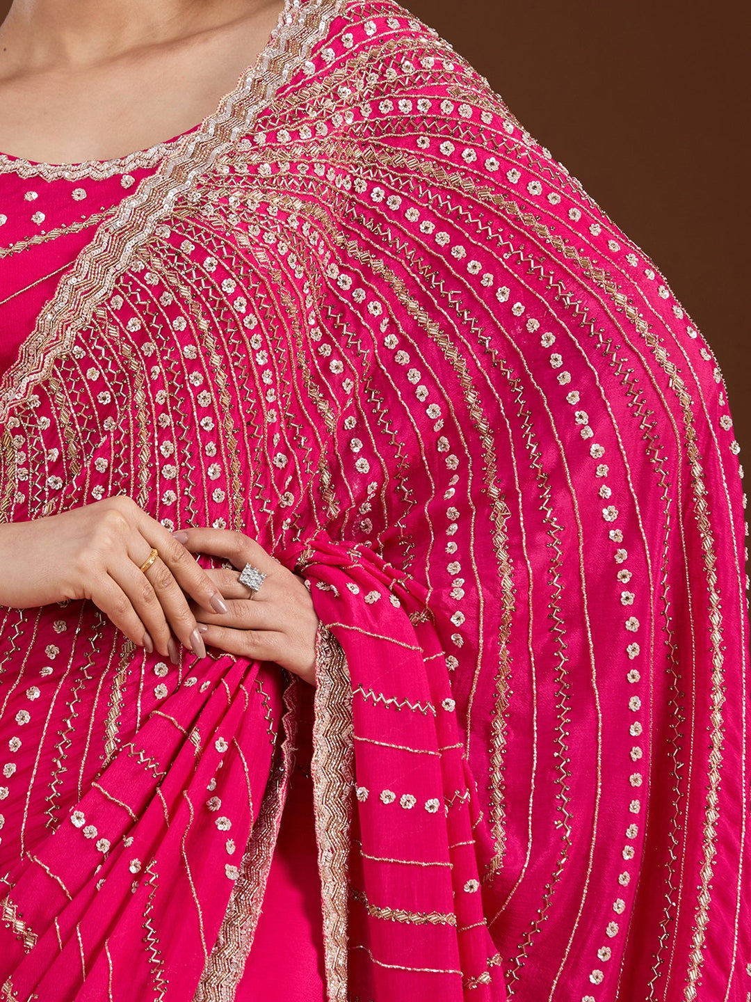 Rani Pink Aariwork Satin Saree-Koskii