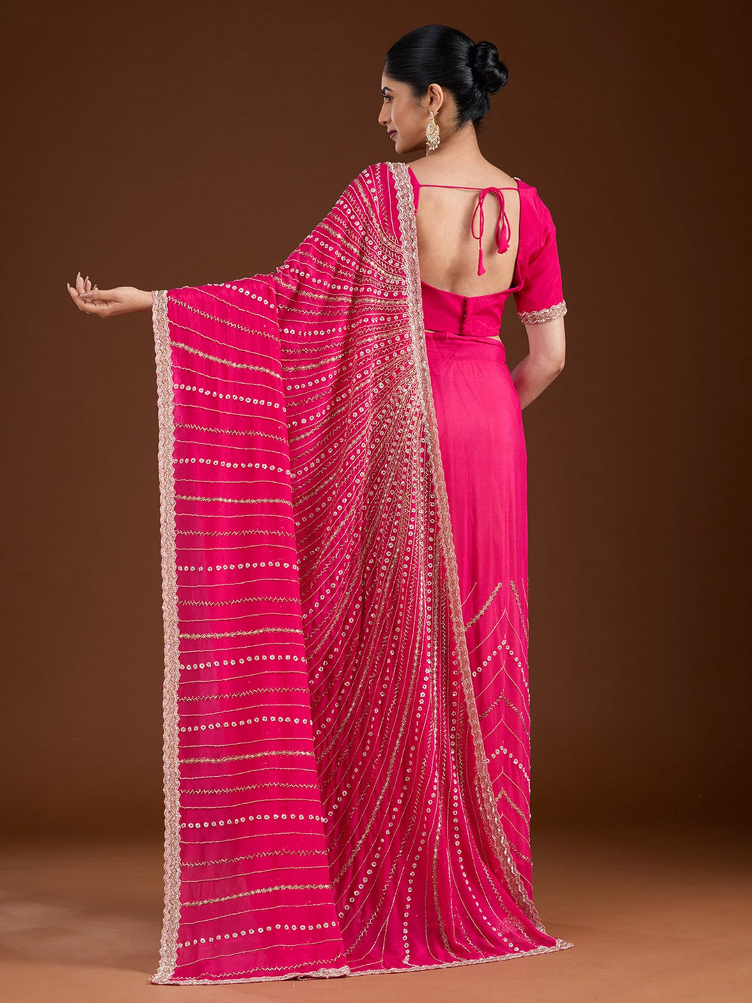 Rani Pink Aariwork Satin Saree-Koskii