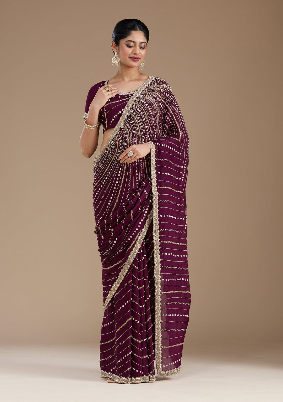Wine Aariwork Satin Saree_koskii