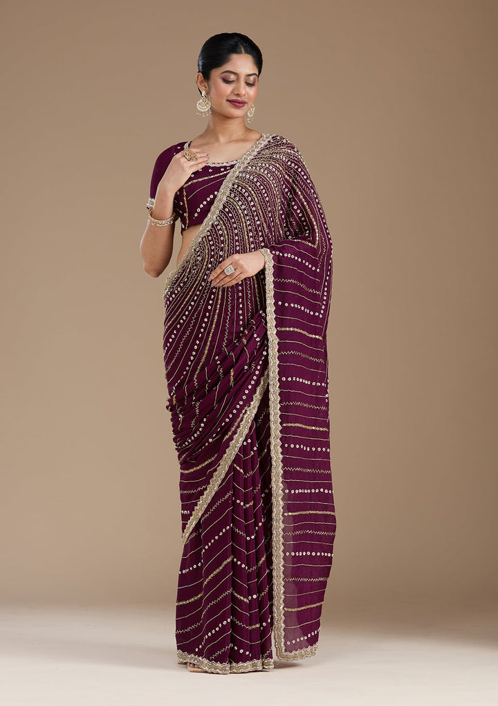 Wine Aariwork Satin Saree_koskii