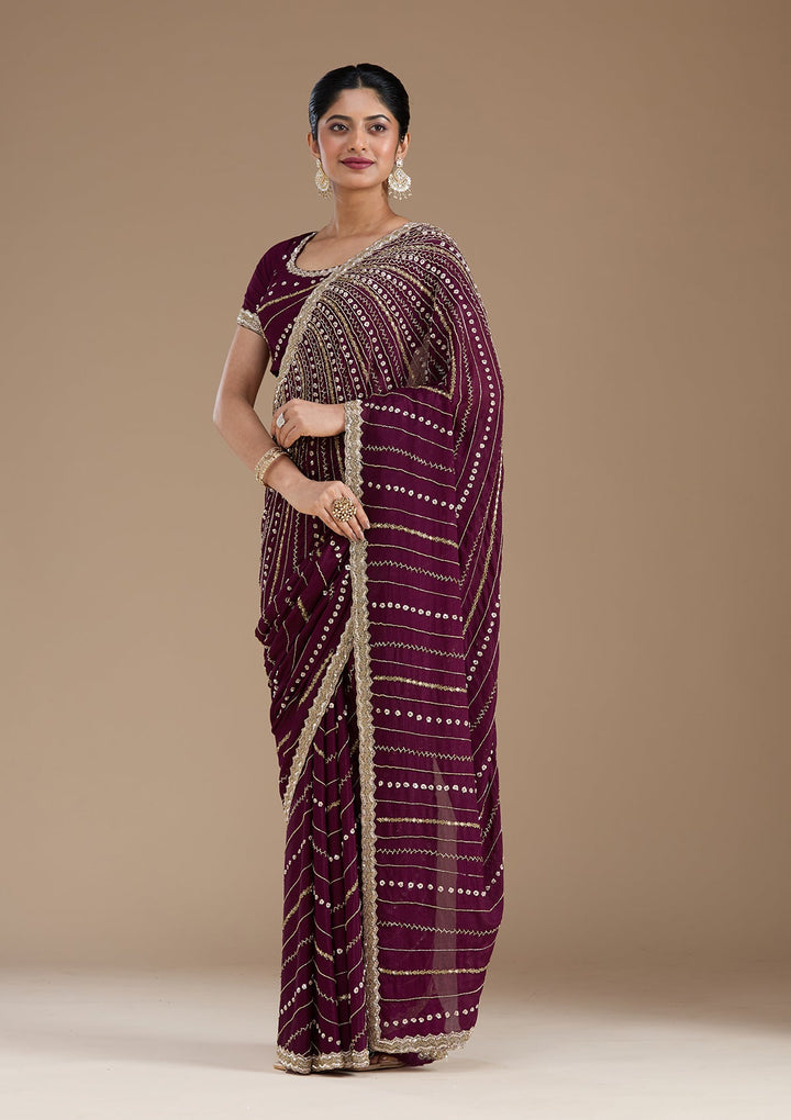 Wine Aariwork Satin Saree_koskii