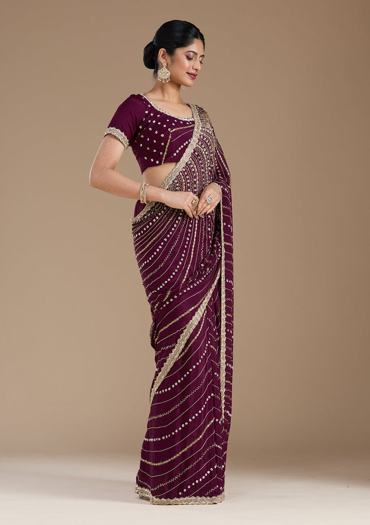 Wine Aariwork Satin Saree_koskii