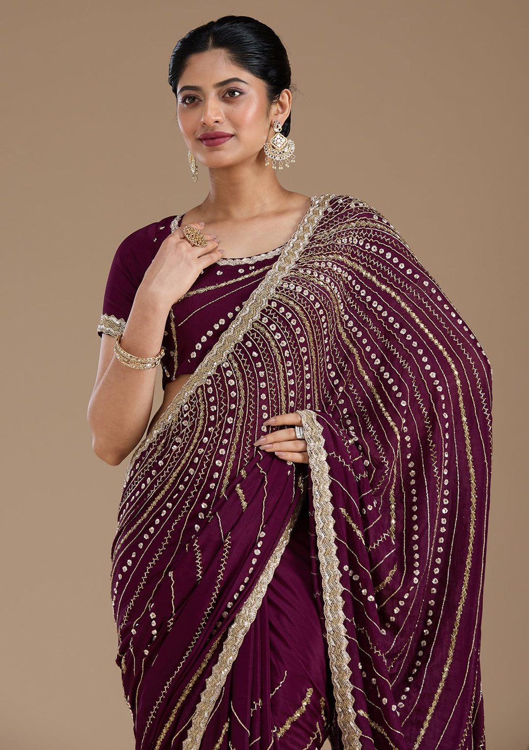 Wine Aariwork Satin Saree_koskii