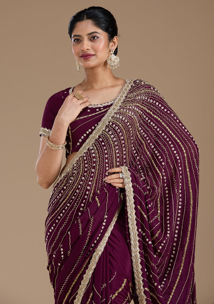 Wine Aariwork Satin Saree_koskii