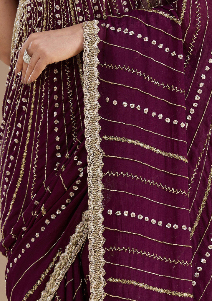 Wine Aariwork Satin Saree_koskii