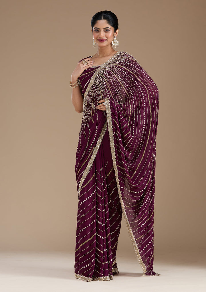 Wine Aariwork Satin Saree_koskii
