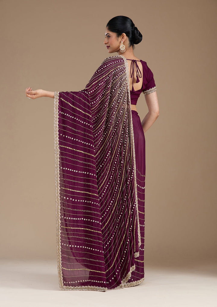 Wine Aariwork Satin Saree_koskii