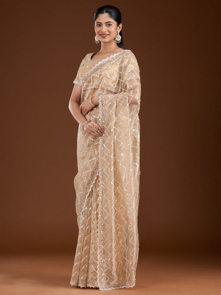 Beige Sequins Net Saree-Koskii