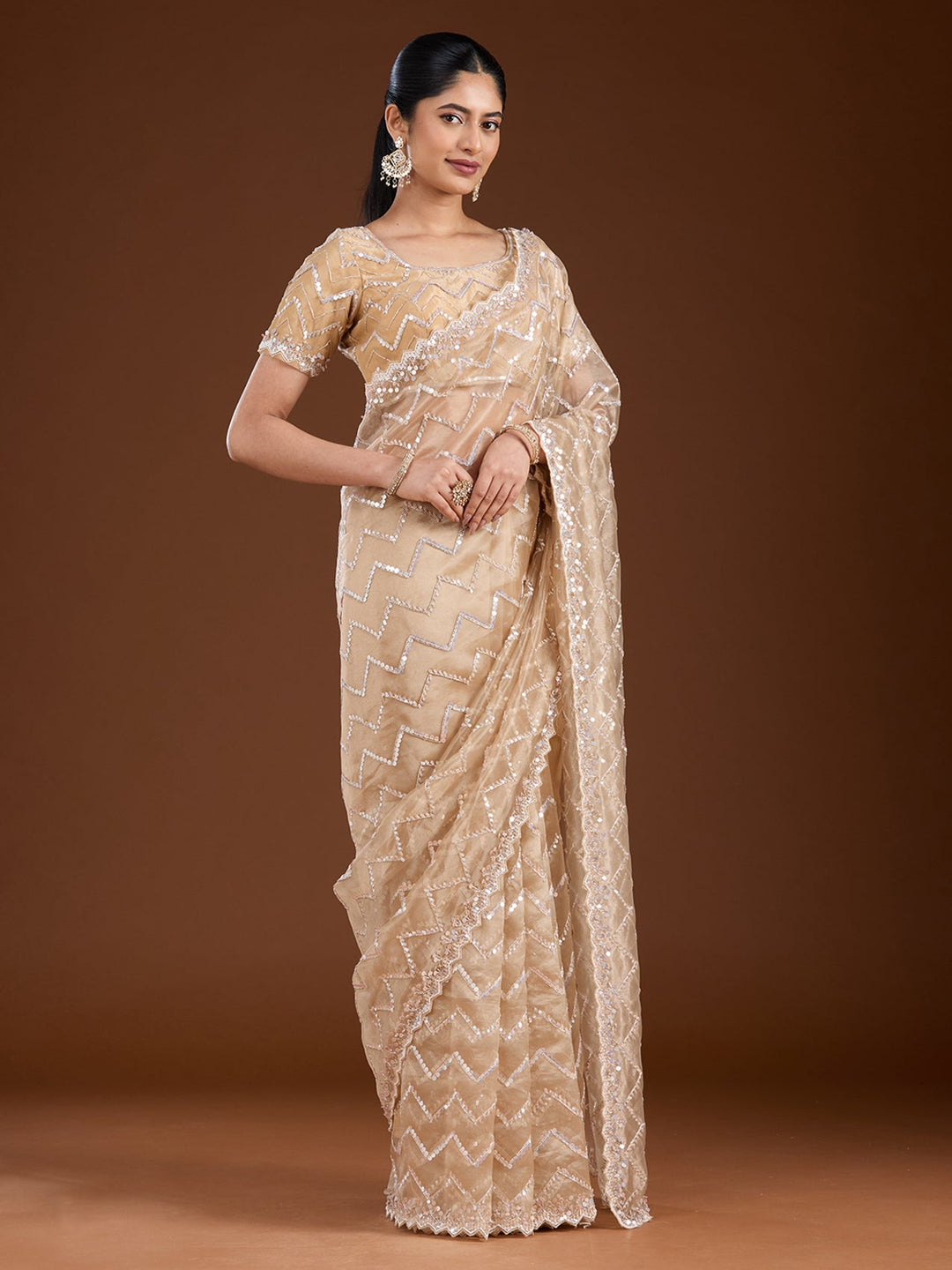 Beige Sequins Net Saree-Koskii