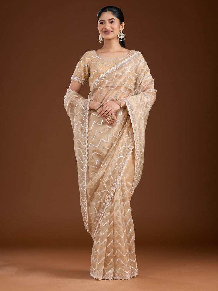 Beige Sequins Net Saree-Koskii
