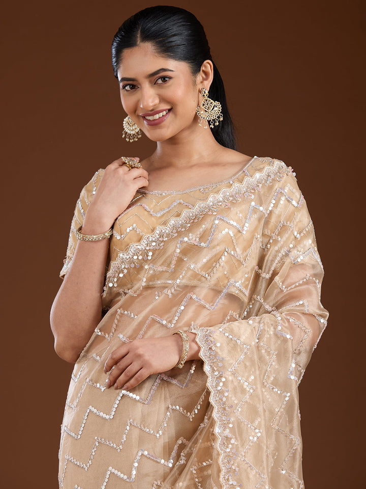 Beige Sequins Net Saree-Koskii