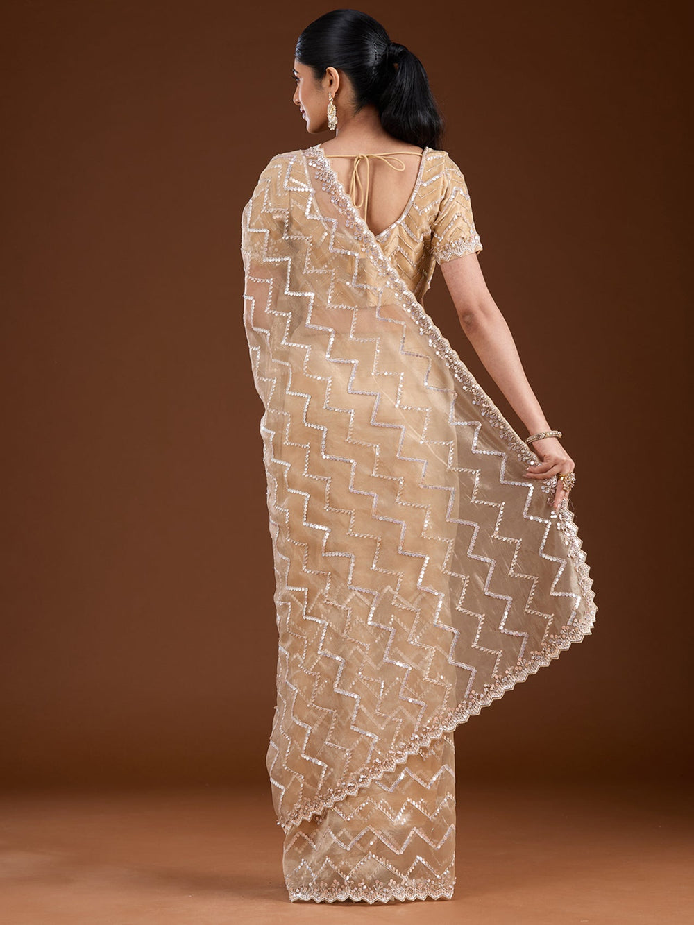 Beige Sequins Net Saree-Koskii