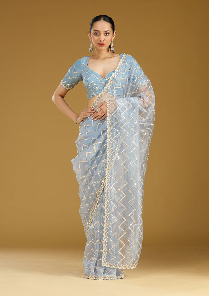 Light Grey Sequins Organza Saree