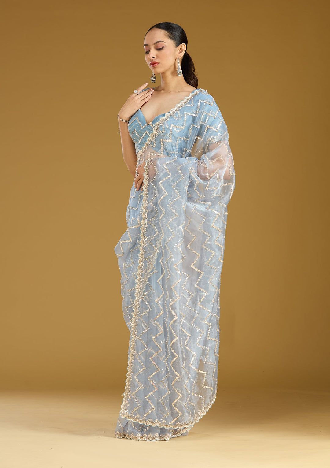 Light Grey Sequins Organza Saree