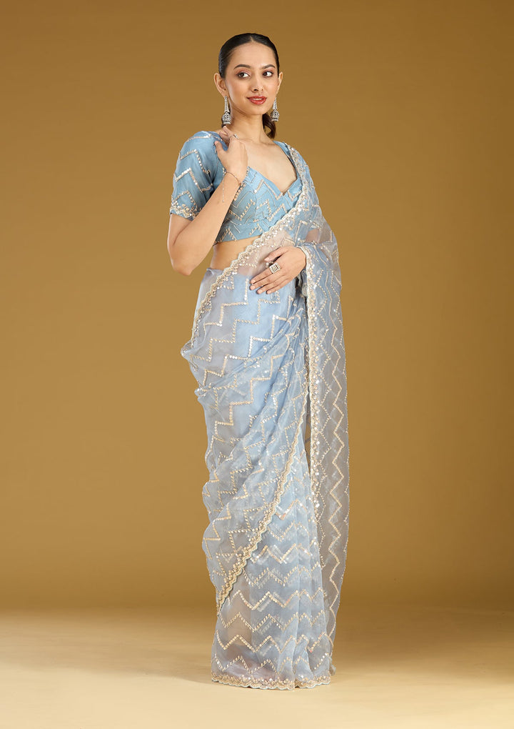 Light Grey Sequins Organza Saree