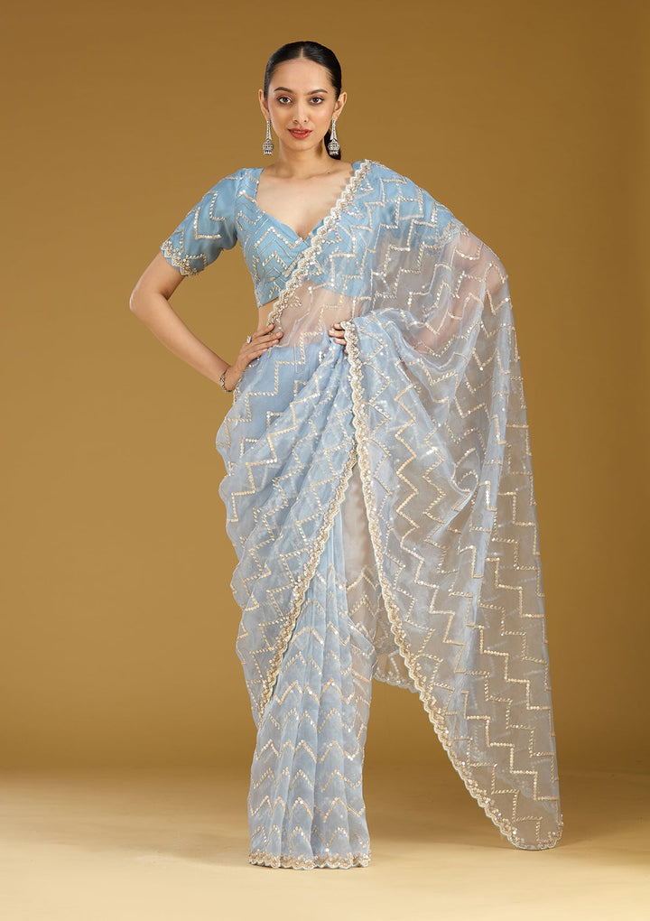 Light Grey Sequins Organza Saree
