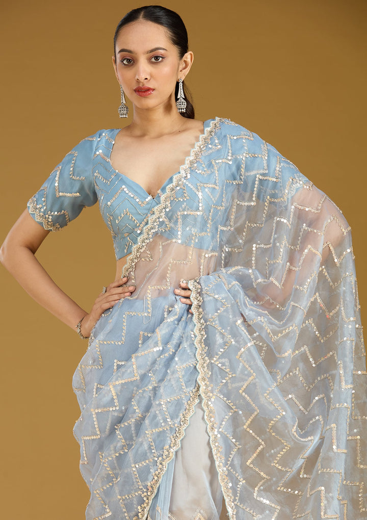 Light Grey Sequins Organza Saree