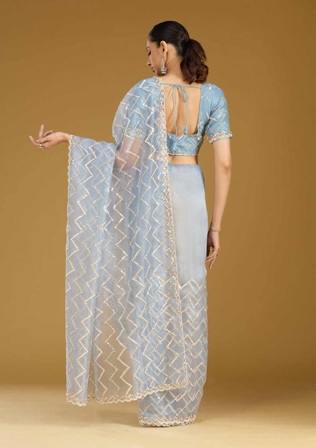 Light Grey Sequins Organza Saree