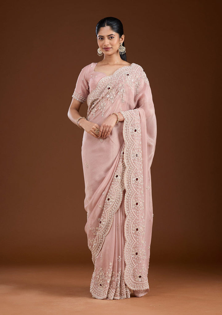 Light Peach Cording Tissue Saree-koskii