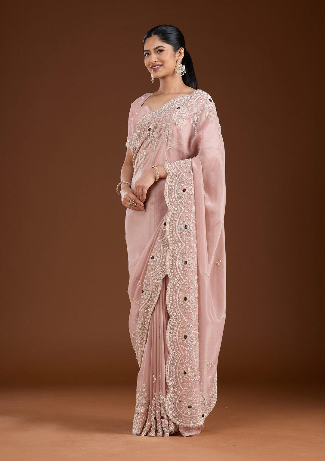 Light Peach Cording Tissue Saree-koskii