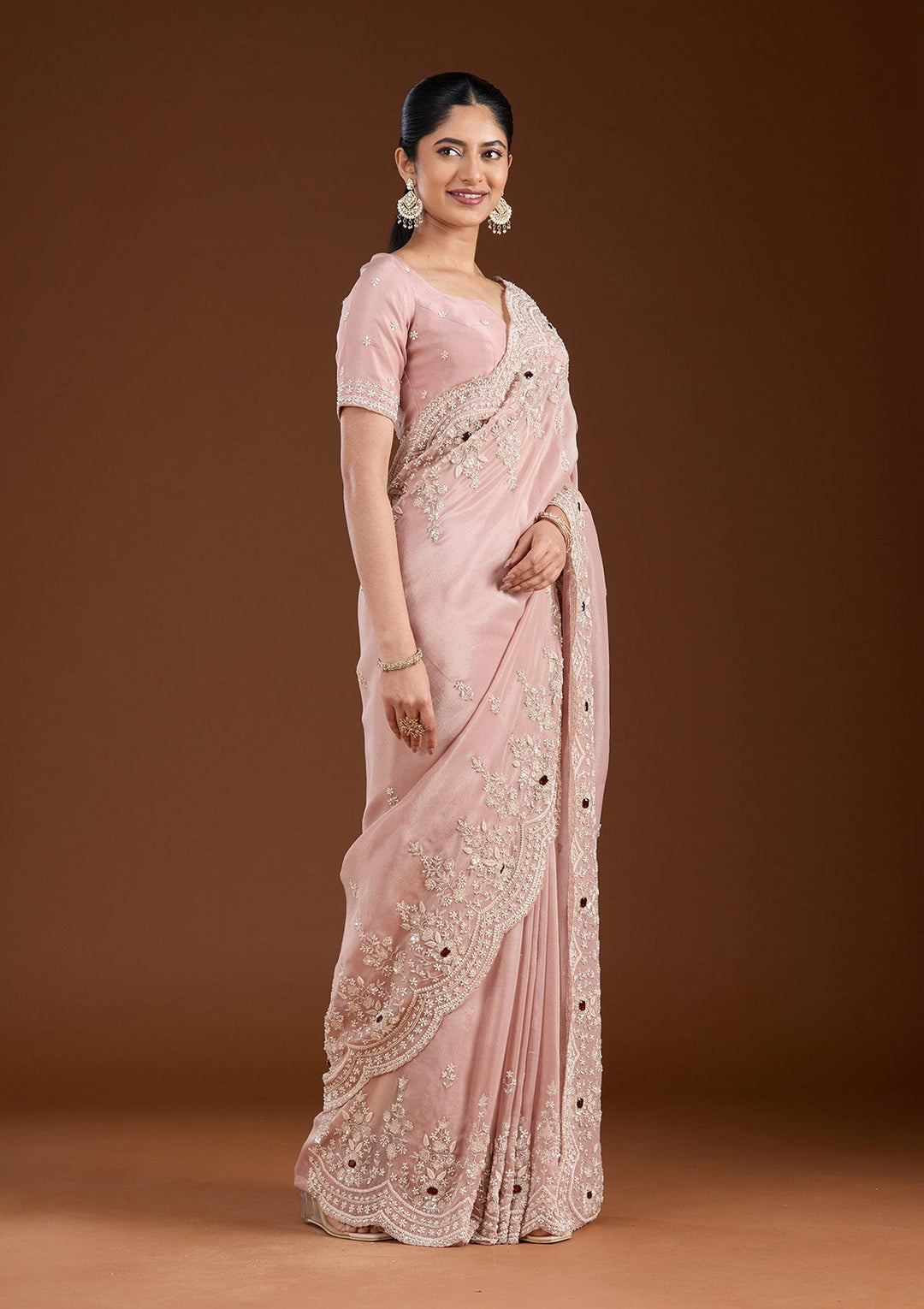 Light Peach Cording Tissue Saree-koskii