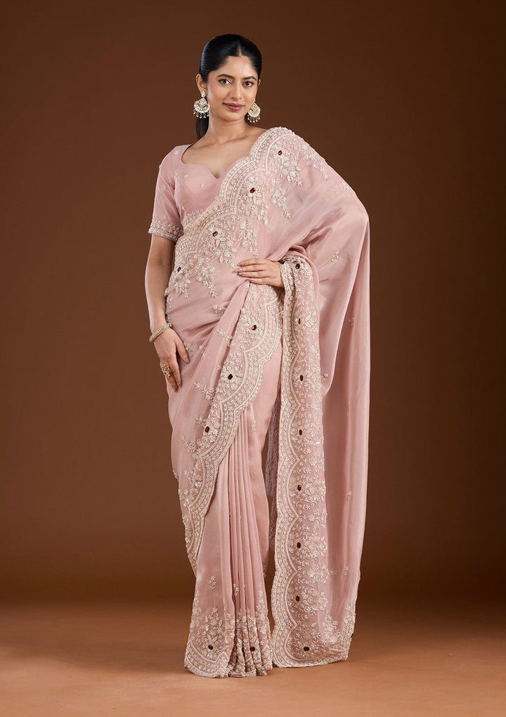 Light Peach Cording Tissue Saree-koskii