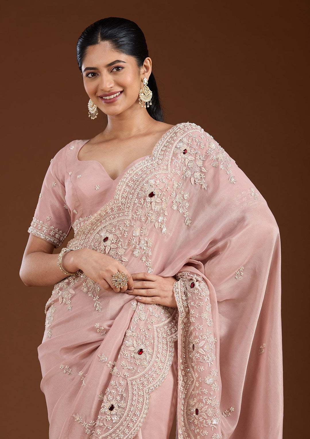 Light Peach Cording Tissue Saree-koskii