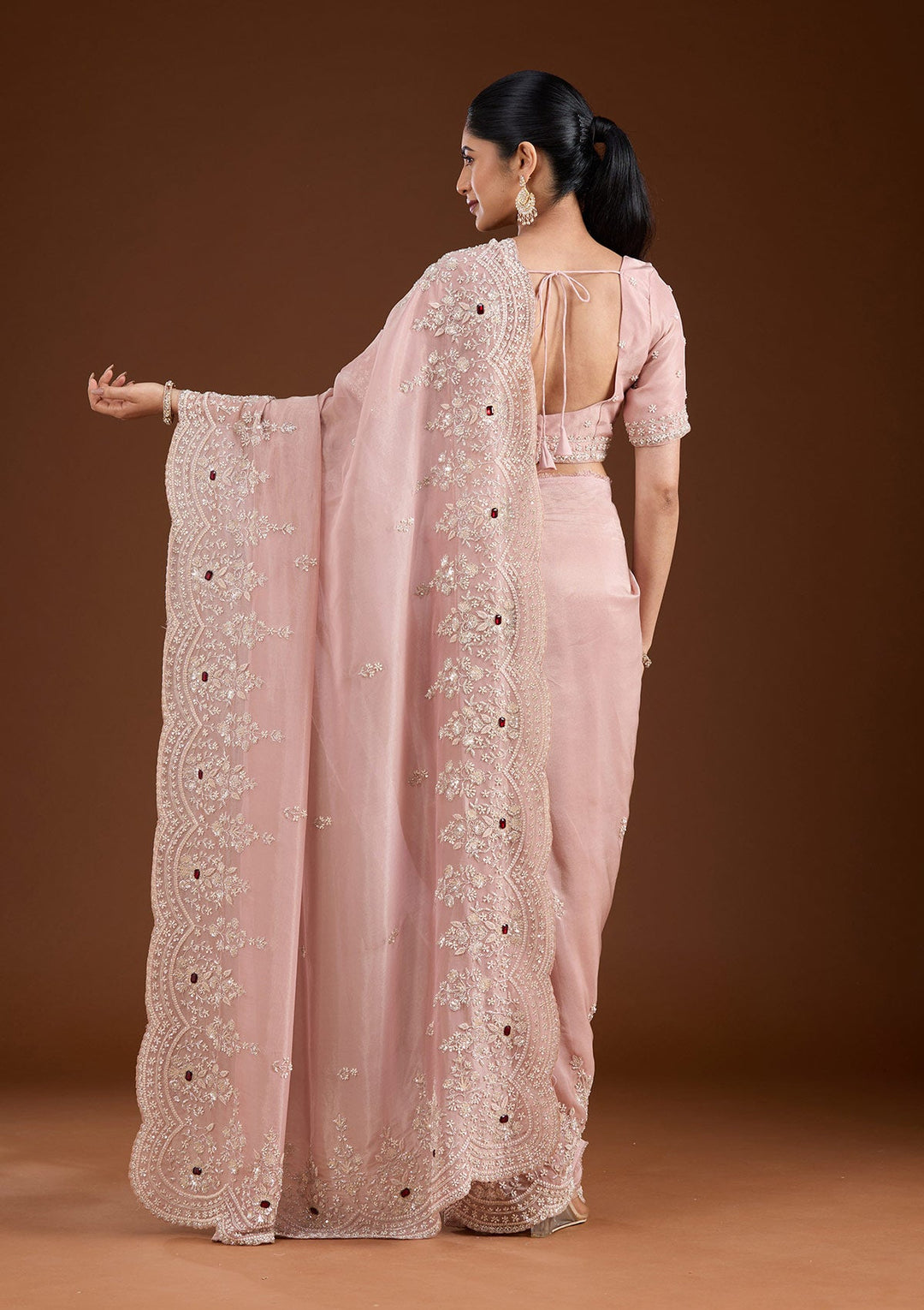 Light Peach Cording Tissue Saree-koskii