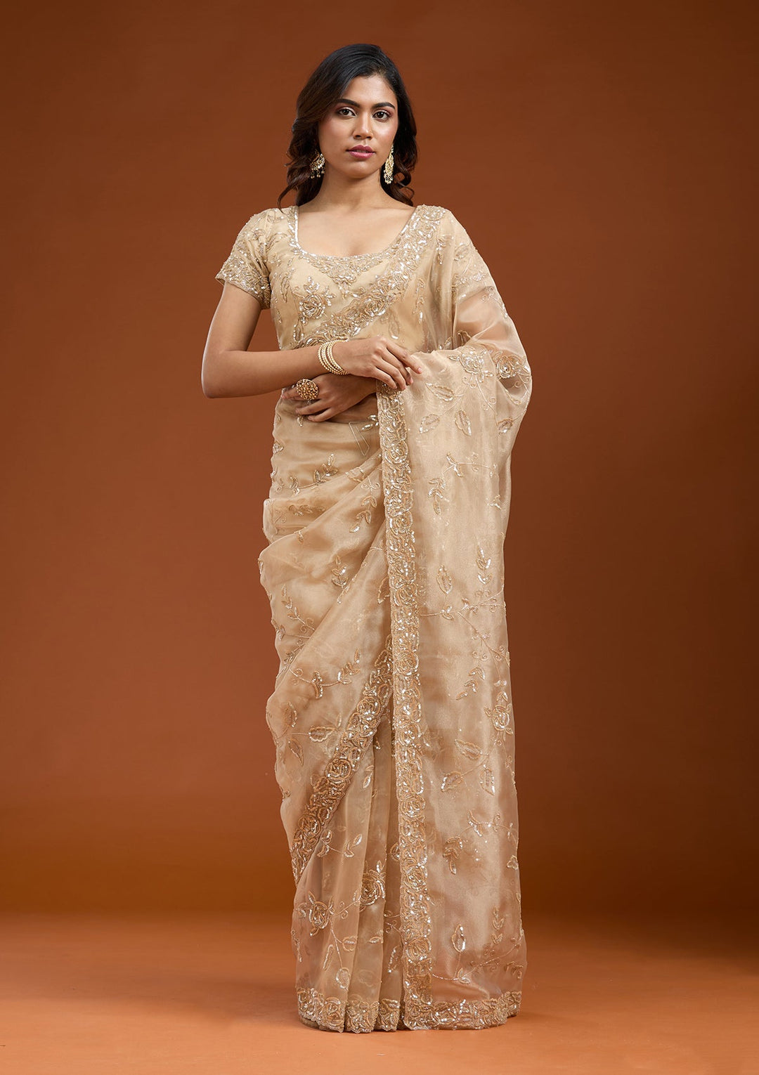 Beige Aariwork Satin Saree-koskii