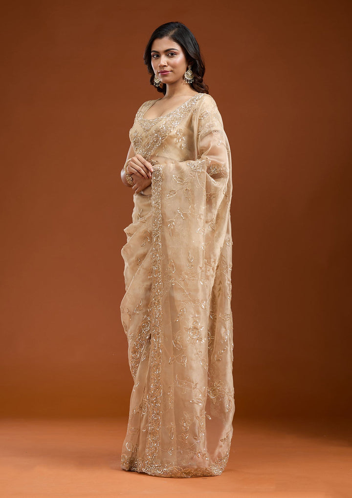 Beige Aariwork Satin Saree-koskii