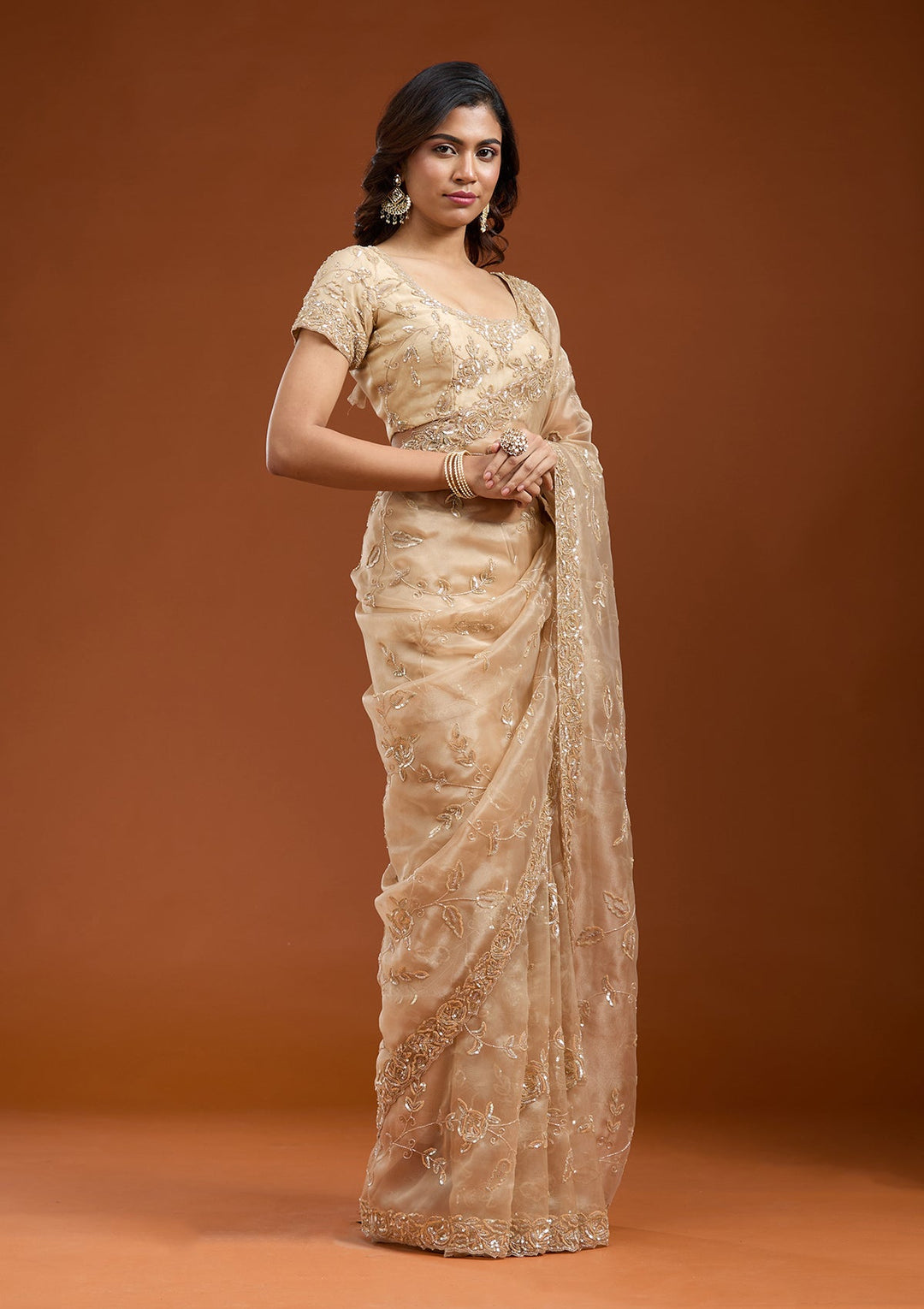 Beige Aariwork Satin Saree-koskii