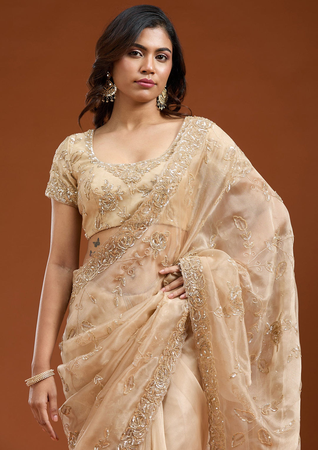 Beige Aariwork Satin Saree-koskii