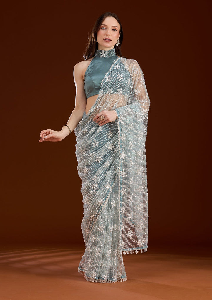Sky Blue Sequins Net Saree