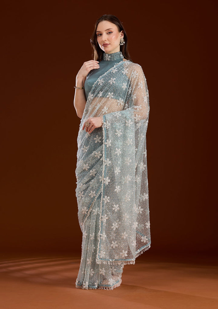 Sky Blue Sequins Net Saree